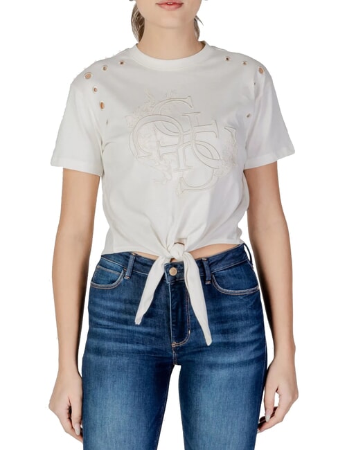 GUESS CN SS EYELET T-shirt con nodo e ricamo cremwhi - T-shirt e Top Donna