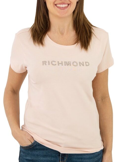 JOHN RICHMOND MECHI T-shirt stretch con logo strass cipria - T-shirt e Top Donna