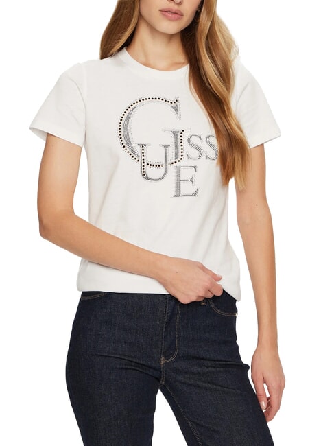 GUESS STUDDED T-shirt in cotone strass logo purwhite - T-shirt e Top Donna