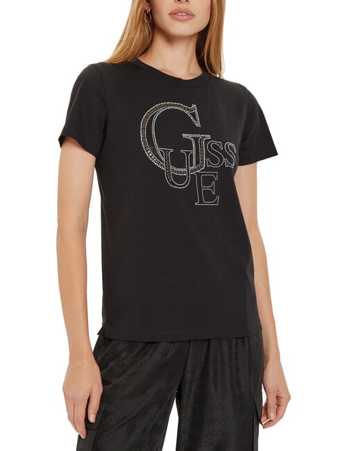 GUESS STUDDED T-shirt in cotone strass logo jetbla - T-shirt e Top Donna