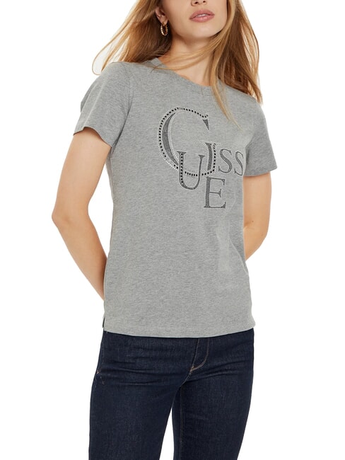 GUESS STUDDED T-shirt in cotone strass logo marble heather - T-shirt e Top Donna