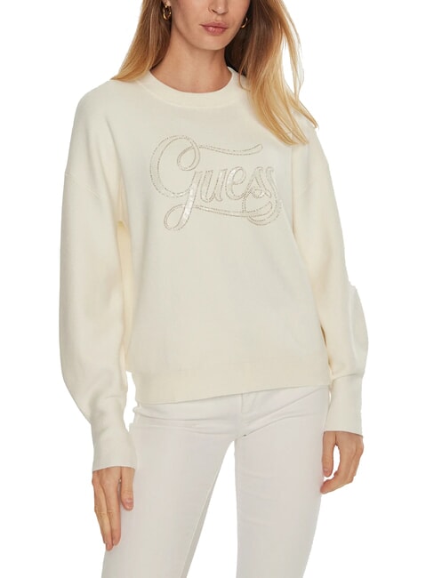 GUESS LAURA Felpa con logo paillettes cremwhi - Felpe Donna
