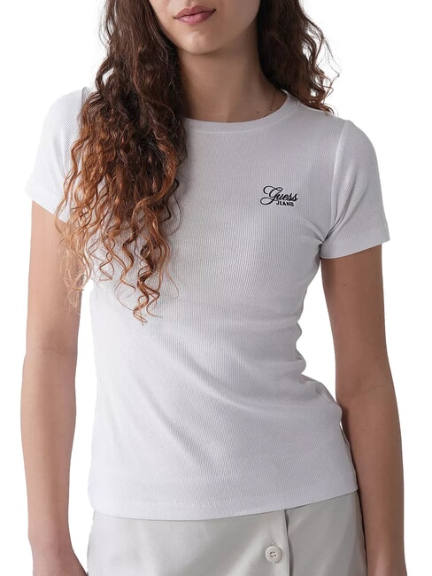 GUESS JEANS SS CN EMBRO SLIM T-shirt in cotone stretch purwhite - T-shirt e Top Donna