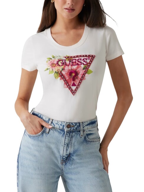 GUESS SS CN TRIANGLE T-shirt logo triangolo floreale cremwhi - T-shirt e Top Donna