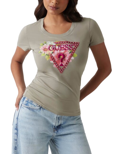 GUESS SS CN TRIANGLE T-shirt logo triangolo floreale sage leaf - T-shirt e Top Donna