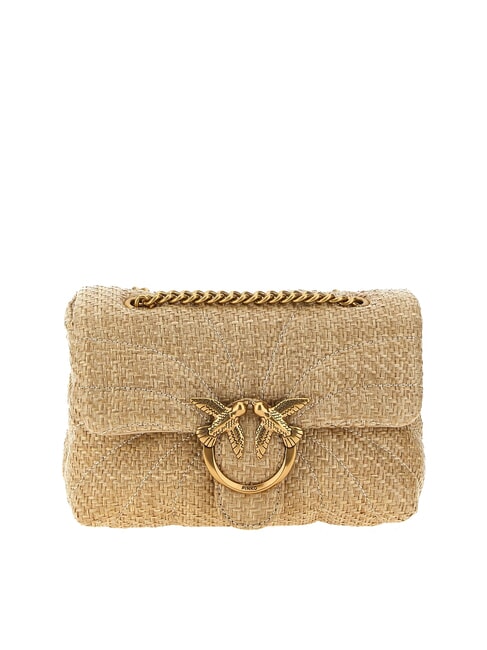 PINKO LOVE PUFF Borsa mini tracolla in rafia beige-grigio fumo-antique gold - Borse Donna