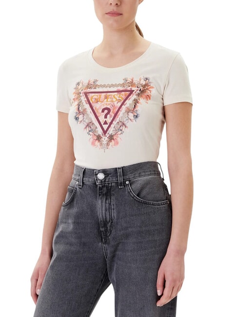 GUESS TRIANGLE FLOWERS T-shirt stretch con stampa vanilla blush - T-shirt e Top Donna