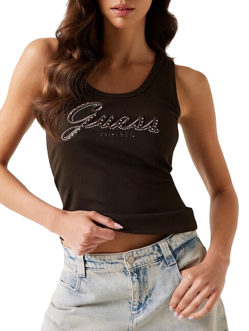 GUESS RAISSA LOGO Canotta con logo in strass espresso brown - T-shirt e Top Donna
