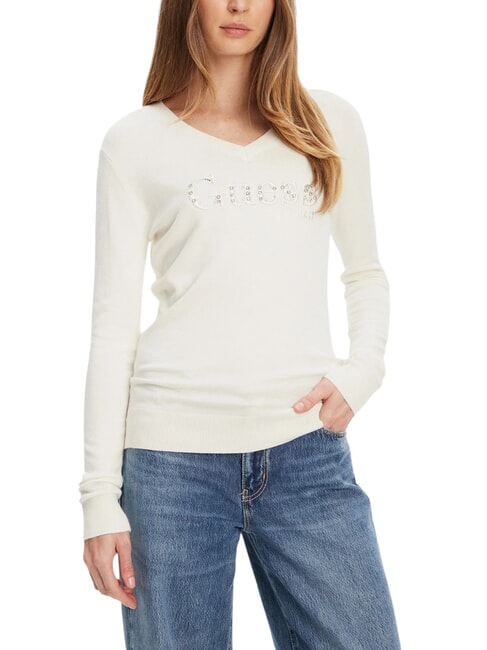 GUESS KENZIE LOGO Maglioncino scollo a V cremwhi - Maglie Donna