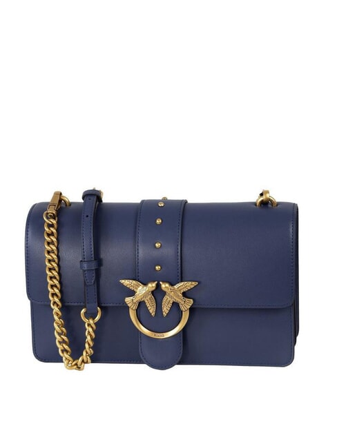 PINKO LOVE ONE CLASSIC Borsa in pelle a tracolla con flap blu indaco ombroso-antique gol - Borse Donna